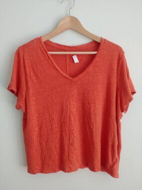 Sigrid Olsen 1X 100% linen sunset orange knit relaxed V neck tee top